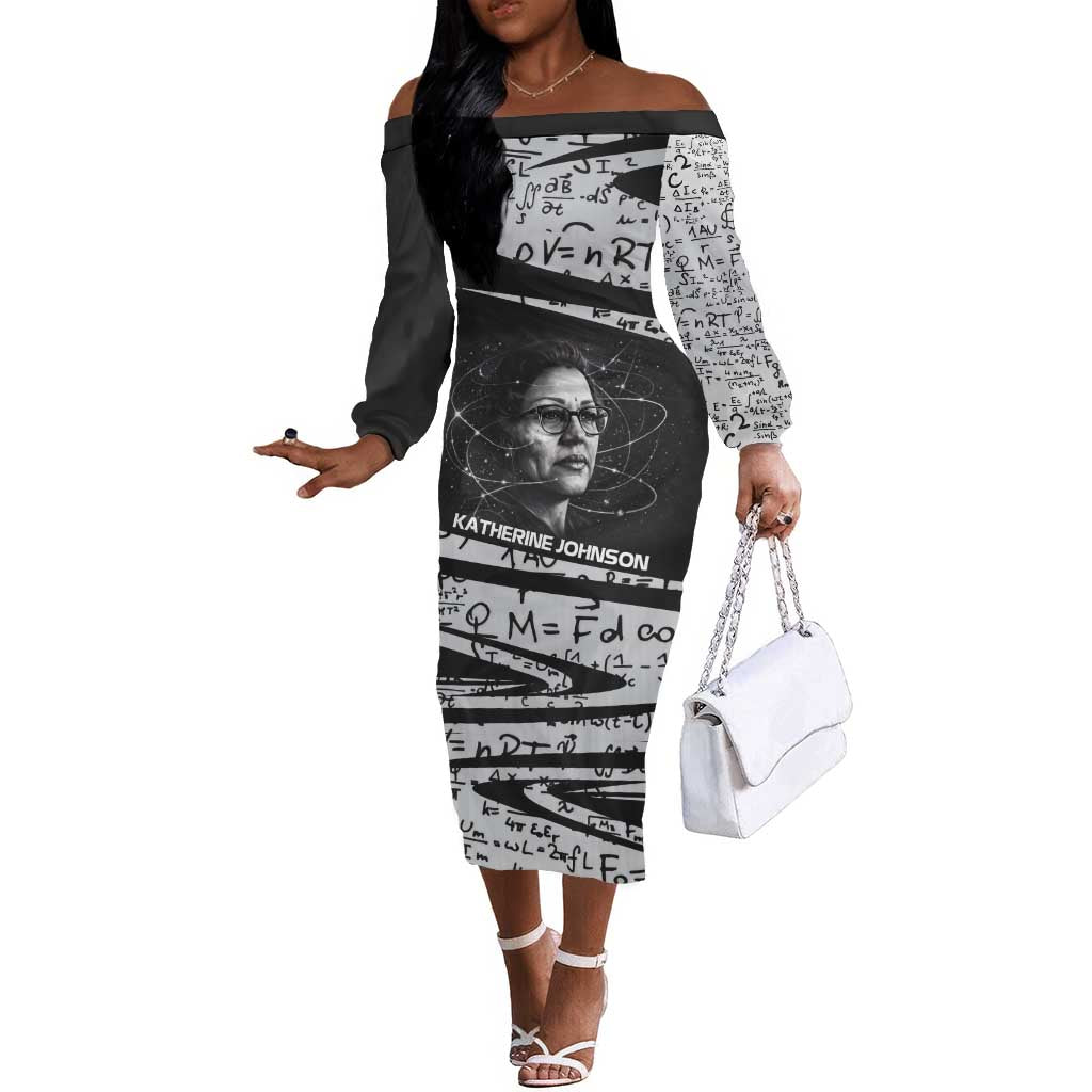Katherine Johnson Off The Shoulder Long Sleeve Dress with Orbital Space Portrait, Historic NASA Launch Dates and Physics - African Pride