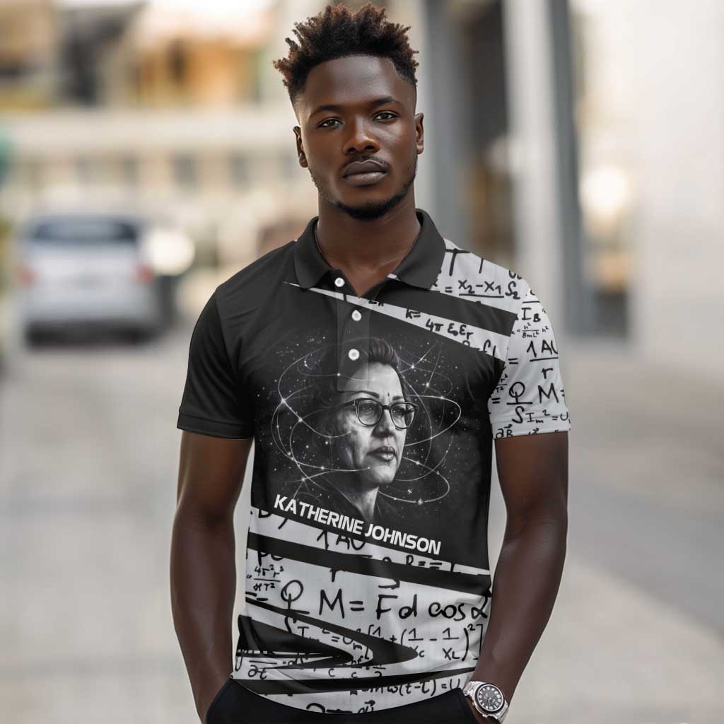 Katherine Johnson Polo Shirt with Orbital Space Portrait, Historic NASA Launch Dates and Physics - African Pride