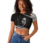 Katherine Johnson Raglan Cropped T shirt with Orbital Space Portrait, Historic NASA Launch Dates and Physics - African Pride