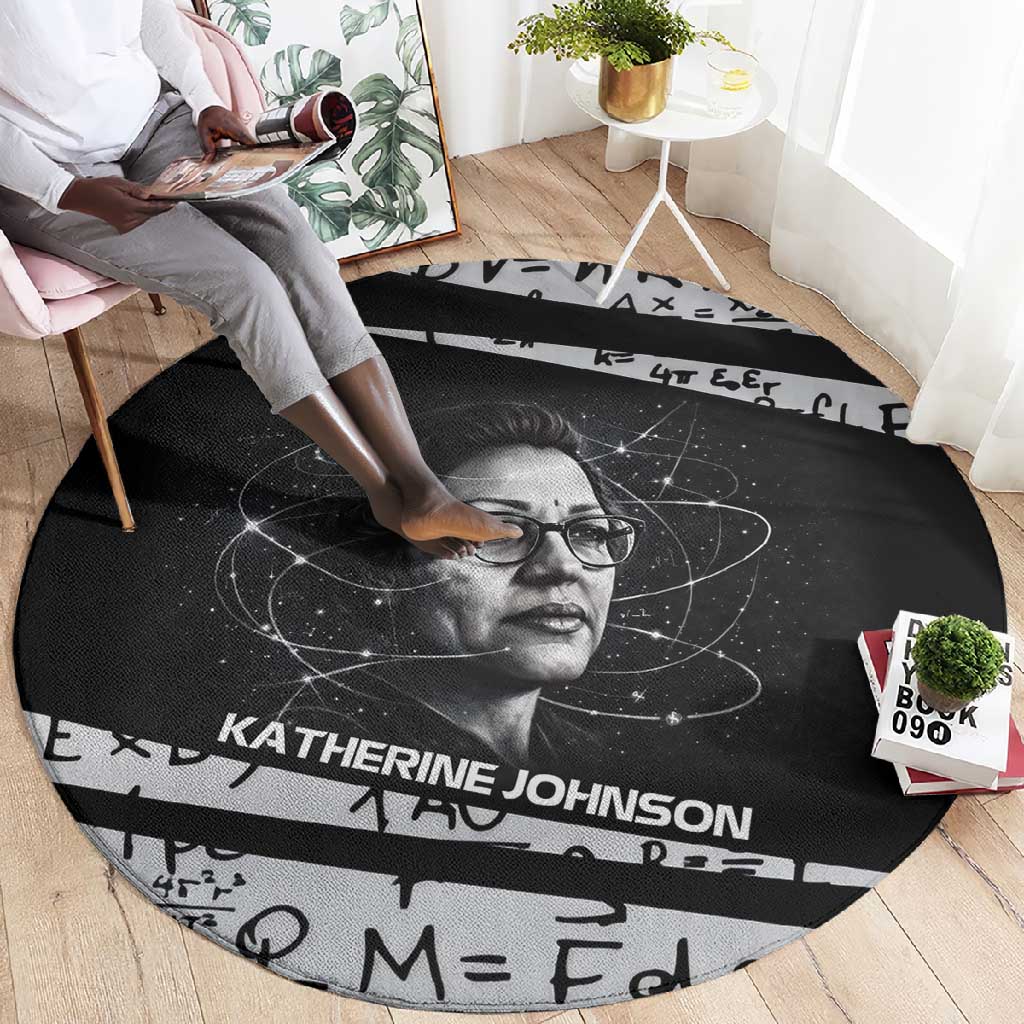 Katherine Johnson Round Carpet with Orbital Space Portrait, Historic NASA Launch Dates and Physics - African Pride