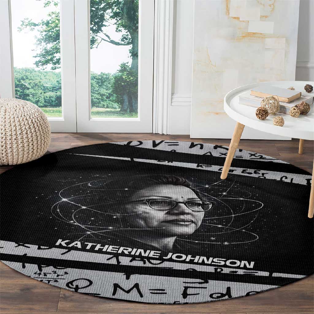 Katherine Johnson Round Carpet with Orbital Space Portrait, Historic NASA Launch Dates and Physics - African Pride