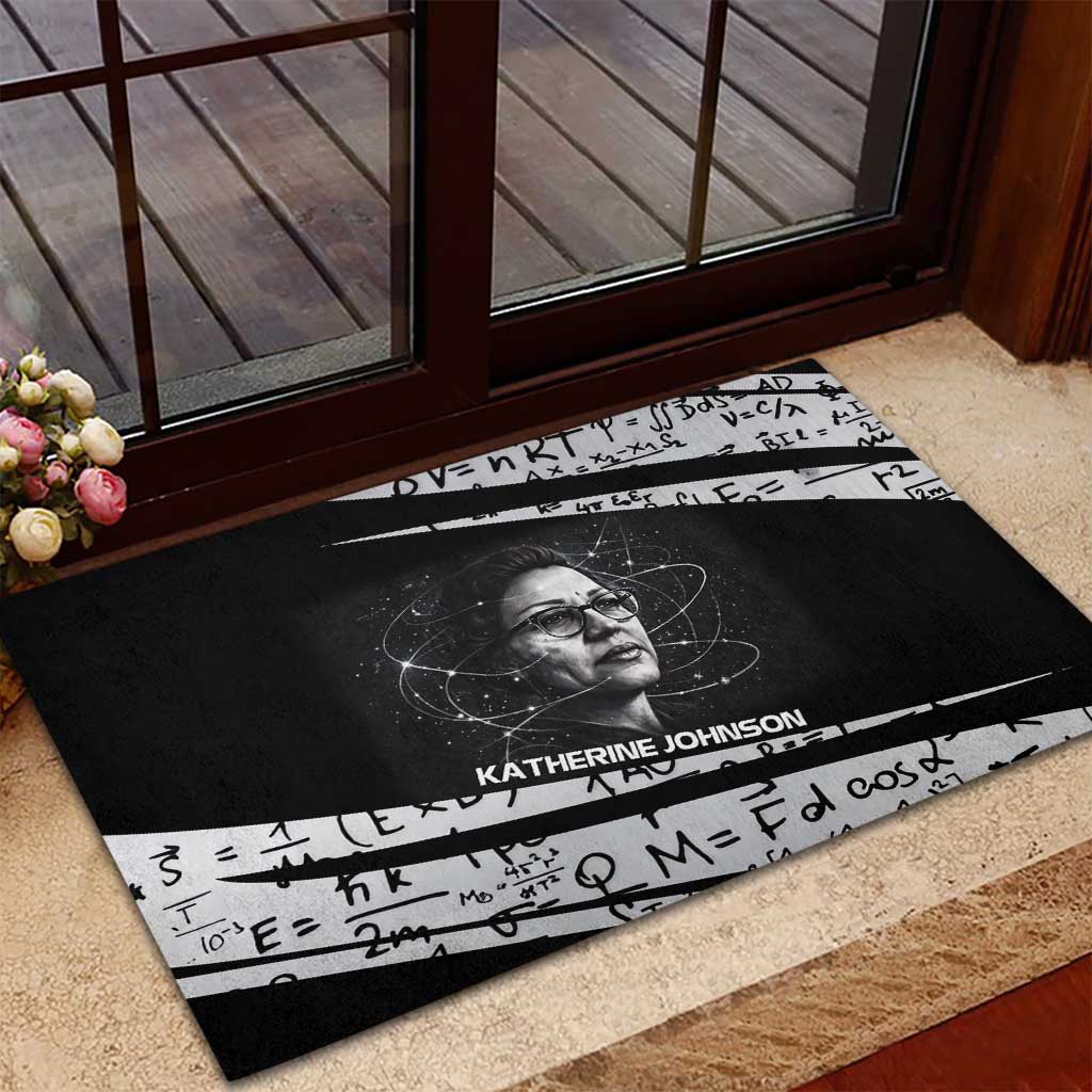 Katherine Johnson Rubber Doormat with Orbital Space Portrait, Historic NASA Launch Dates and Physics - African Pride