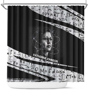 Katherine Johnson Shower Curtain with Orbital Space Portrait, Historic NASA Launch Dates and Physics - African Pride