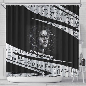 Katherine Johnson Shower Curtain with Orbital Space Portrait, Historic NASA Launch Dates and Physics - African Pride