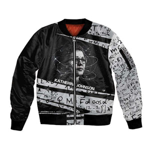 Katherine Johnson Sleeve Zip Bomber Jacket with Orbital Space Portrait, Historic NASA Launch Dates and Physics - African Pride