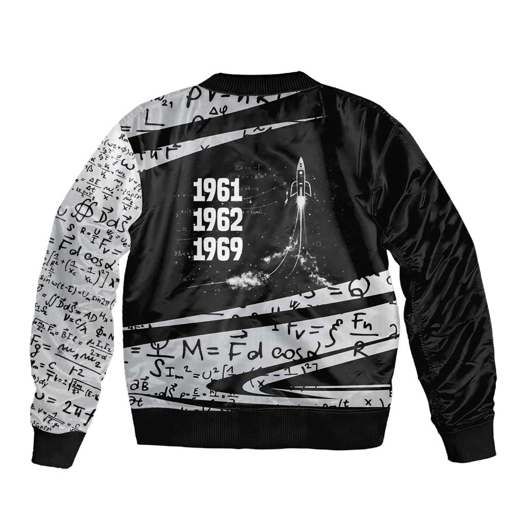 Katherine Johnson Sleeve Zip Bomber Jacket with Orbital Space Portrait, Historic NASA Launch Dates and Physics - African Pride