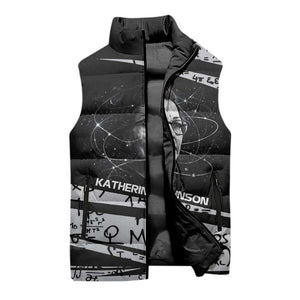 Katherine Johnson Sleeveless Puffer Jacket with Orbital Space Portrait, Historic NASA Launch Dates and Physics - African Pride