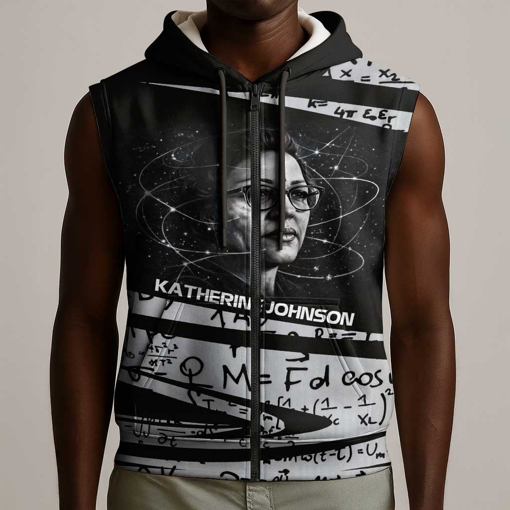 Katherine Johnson Sleeveless Zip Hoodie with Orbital Space Portrait, Historic NASA Launch Dates and Physics - African Pride