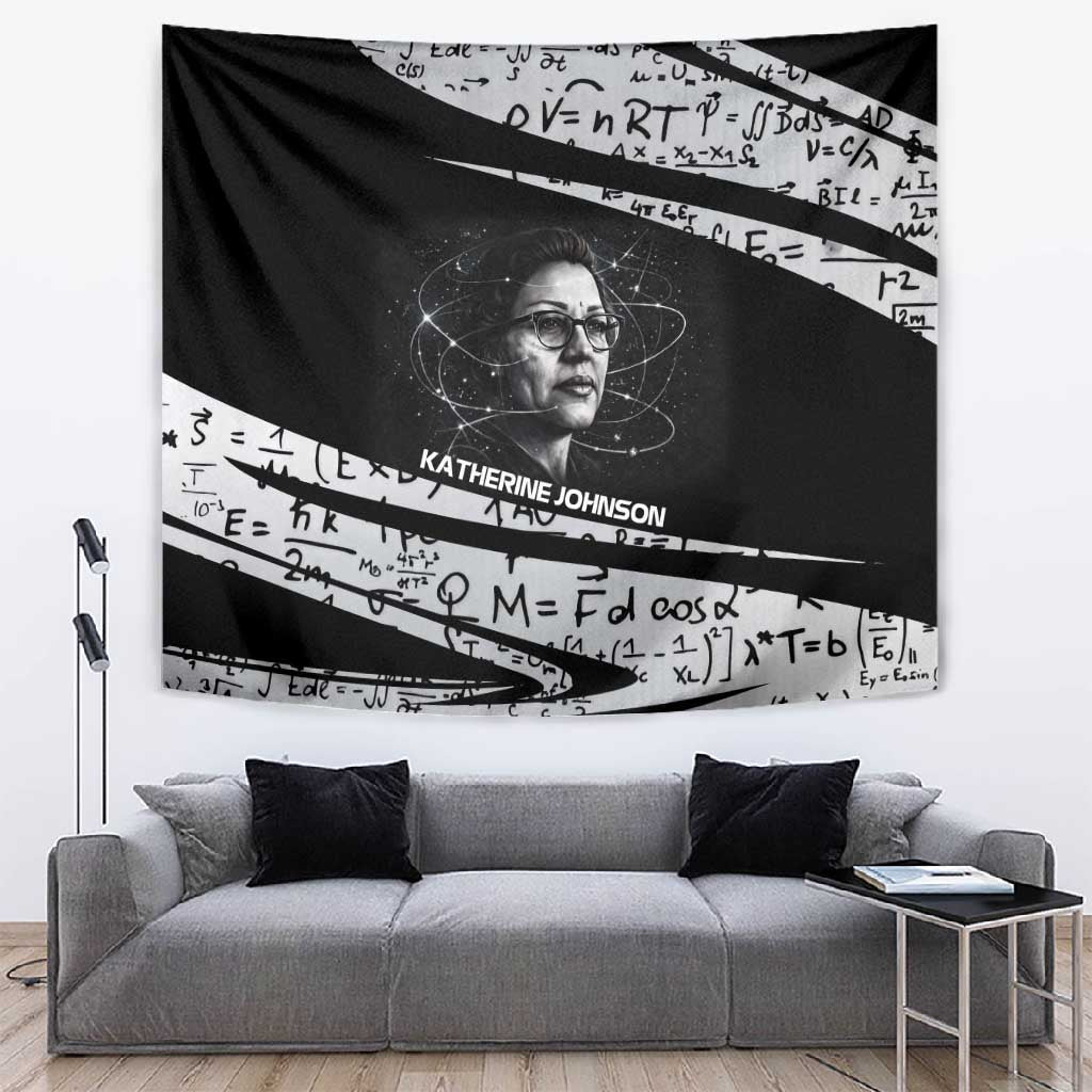 Katherine Johnson Tapestry with Orbital Space Portrait, Historic NASA Launch Dates and Physics - African Pride