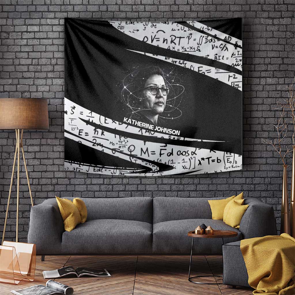 Katherine Johnson Tapestry with Orbital Space Portrait, Historic NASA Launch Dates and Physics - African Pride