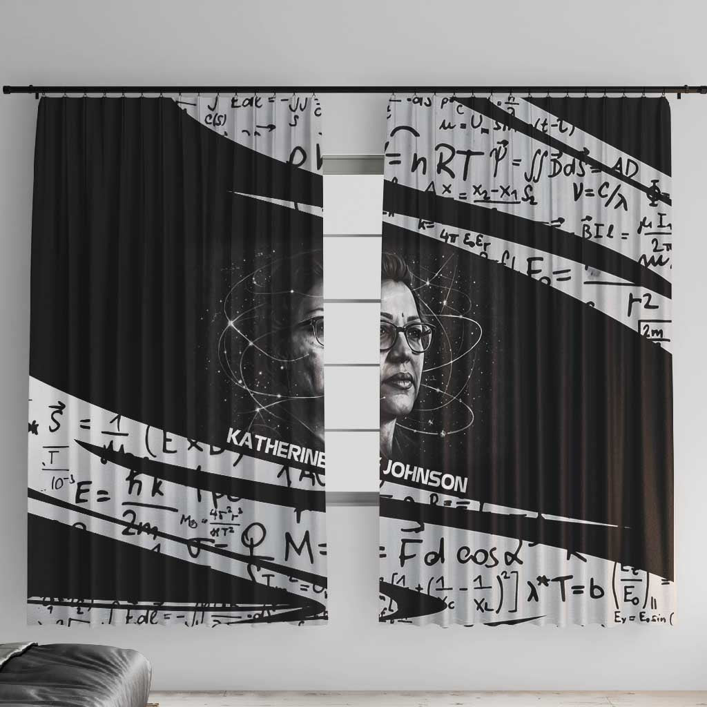Katherine Johnson Window Curtain with Orbital Space Portrait, Historic NASA Launch Dates and Physics - African Pride