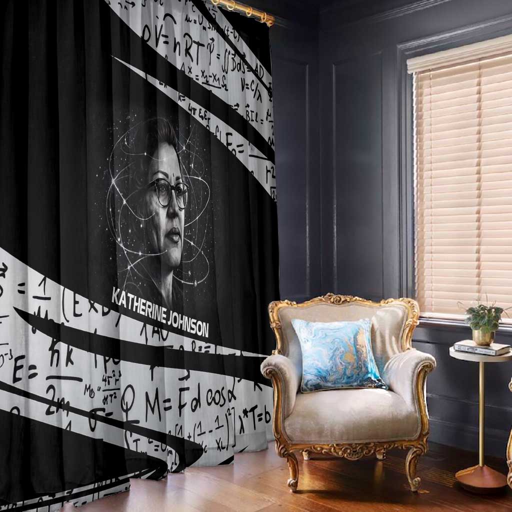 Katherine Johnson Window Curtain with Orbital Space Portrait, Historic NASA Launch Dates and Physics - African Pride