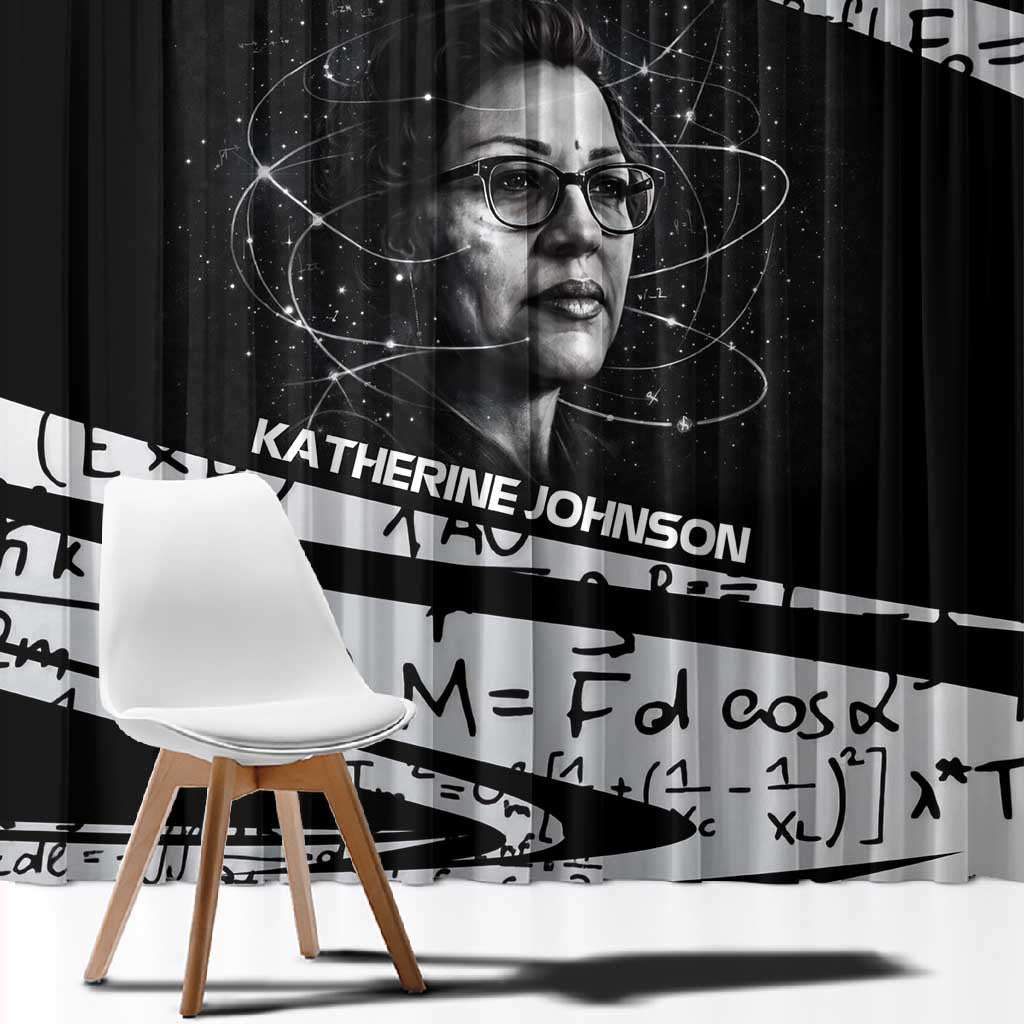 Katherine Johnson Window Curtain with Orbital Space Portrait, Historic NASA Launch Dates and Physics - African Pride