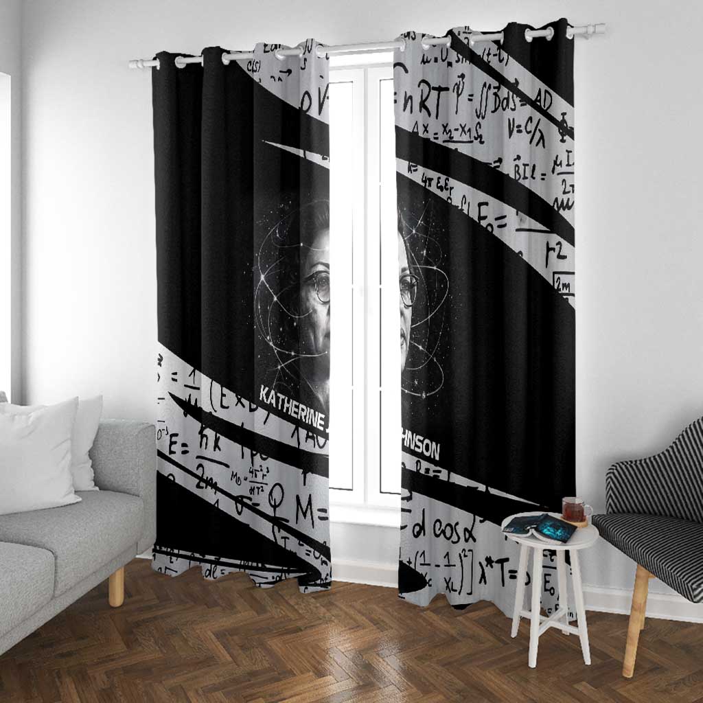 Katherine Johnson Window Curtain with Orbital Space Portrait, Historic NASA Launch Dates and Physics - African Pride