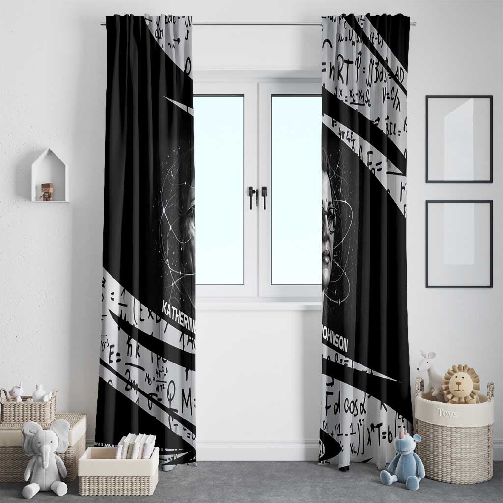 Katherine Johnson Window Curtain with Orbital Space Portrait, Historic NASA Launch Dates and Physics - African Pride