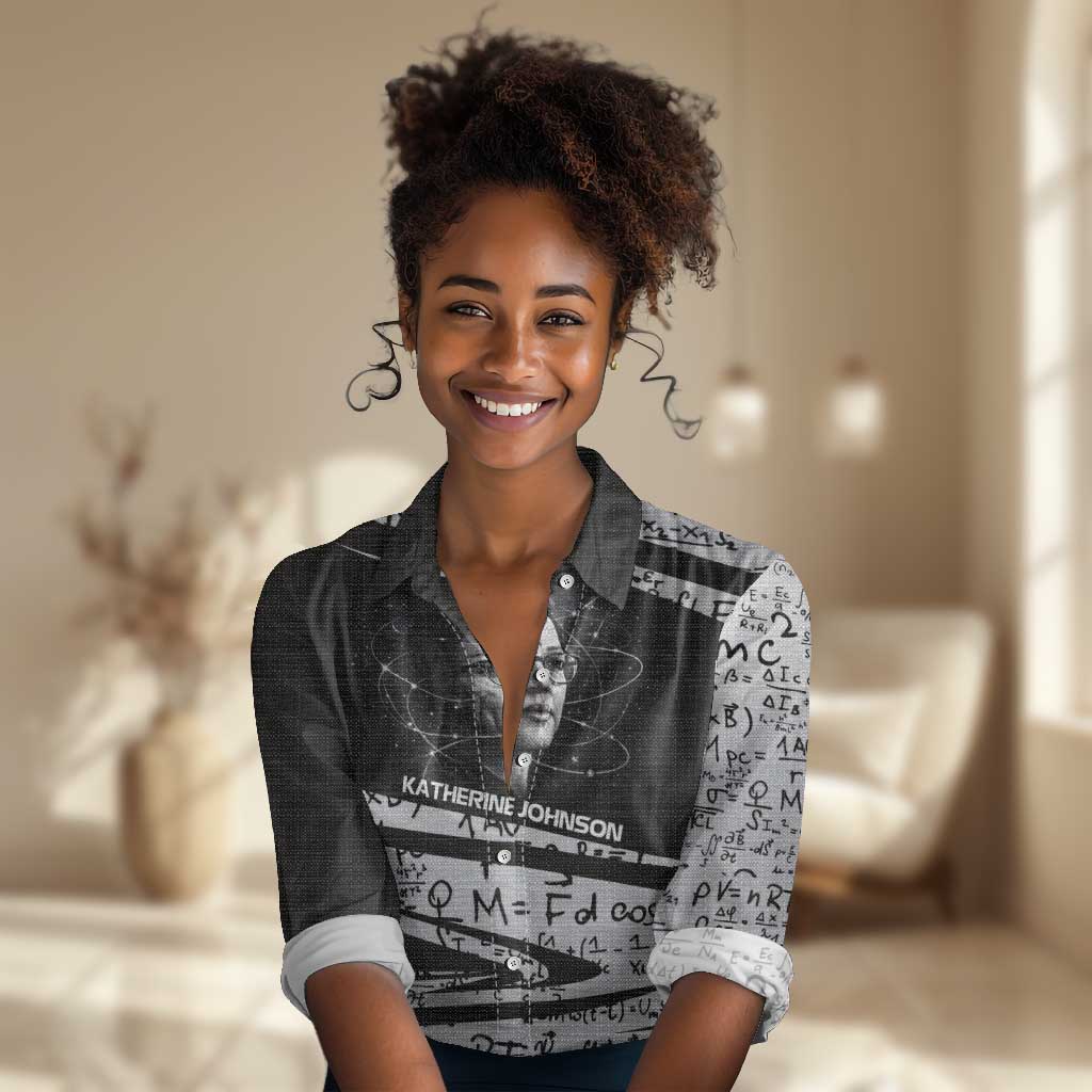 Katherine Johnson Women Casual Shirt with Orbital Space Portrait, Historic NASA Launch Dates and Physics - African Pride