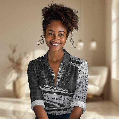 Katherine Johnson Women Casual Shirt with Orbital Space Portrait, Historic NASA Launch Dates and Physics - African Pride