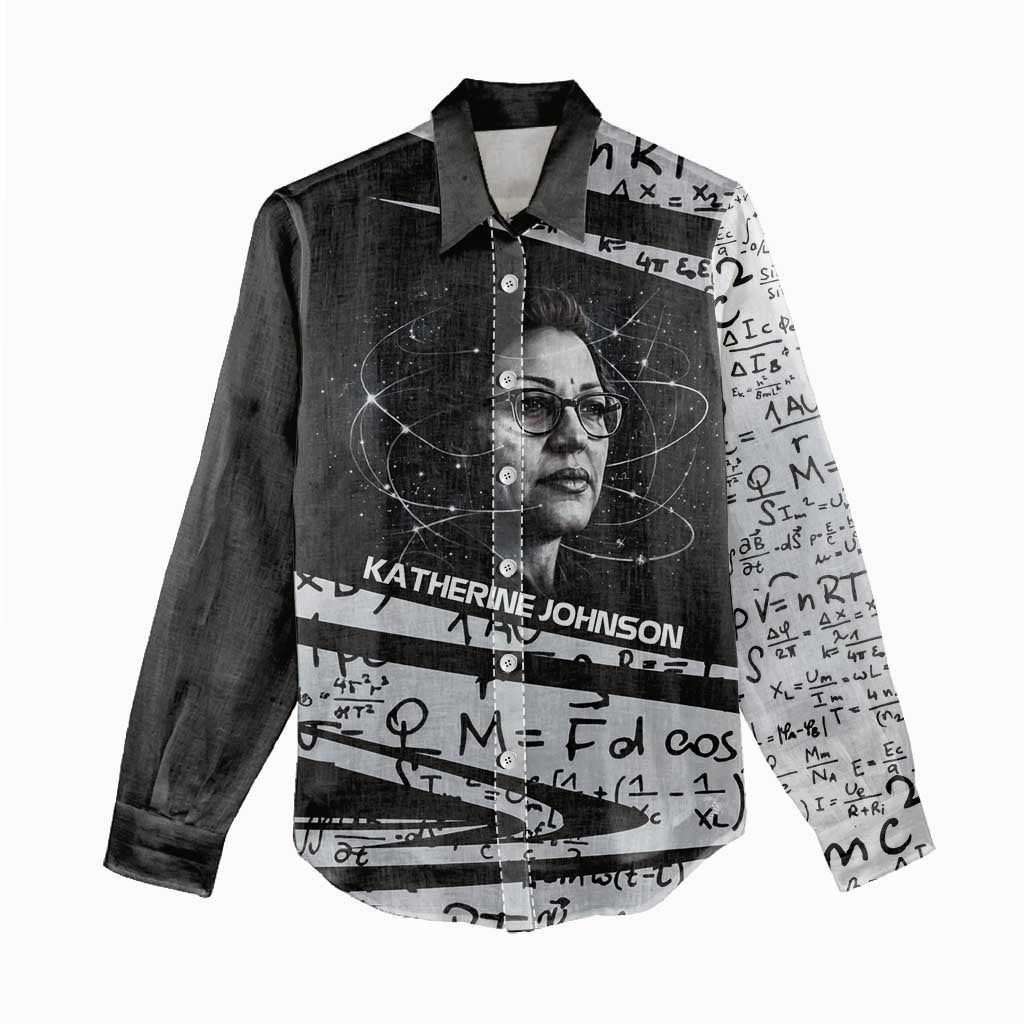 Katherine Johnson Women Casual Shirt with Orbital Space Portrait, Historic NASA Launch Dates and Physics - African Pride