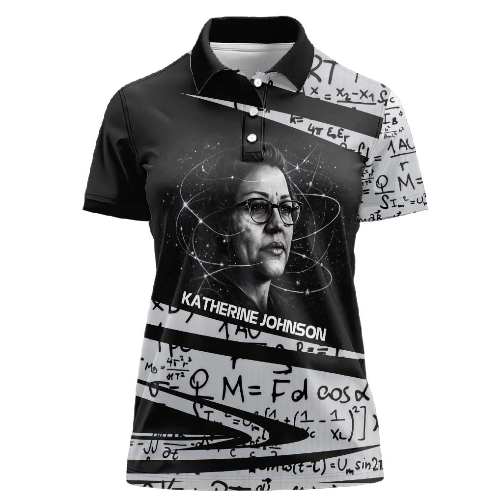 Katherine Johnson Women Polo Shirt with Orbital Space Portrait, Historic NASA Launch Dates and Physics - African Pride