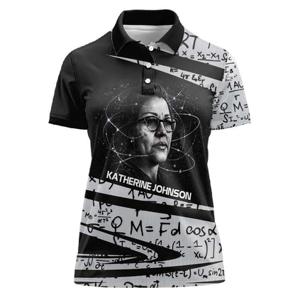 Katherine Johnson Women Polo Shirt with Orbital Space Portrait, Historic NASA Launch Dates and Physics - African Pride