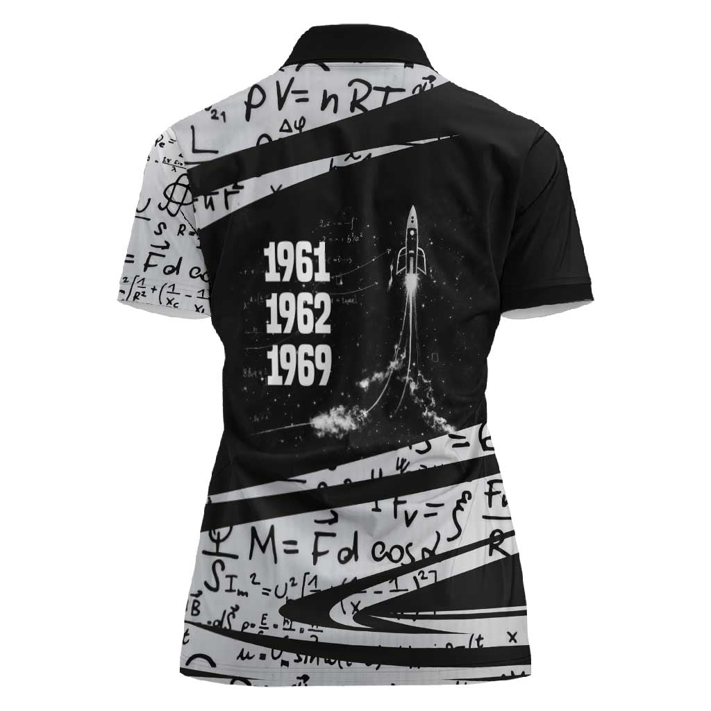 Katherine Johnson Women Polo Shirt with Orbital Space Portrait, Historic NASA Launch Dates and Physics - African Pride