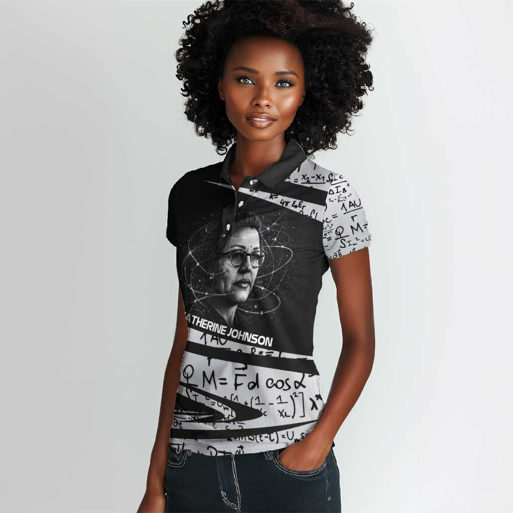 Katherine Johnson Women Polo Shirt with Orbital Space Portrait, Historic NASA Launch Dates and Physics - African Pride