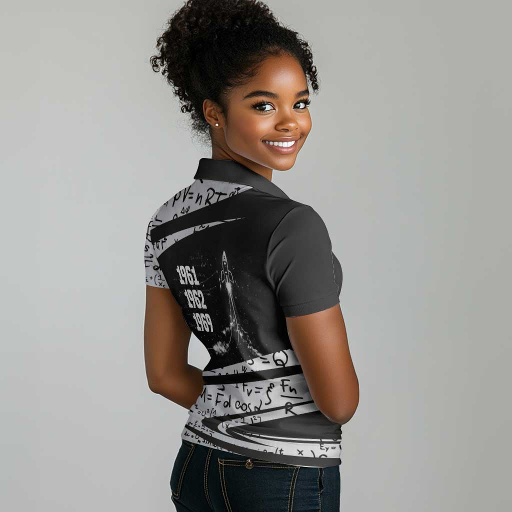 Katherine Johnson Women Polo Shirt with Orbital Space Portrait, Historic NASA Launch Dates and Physics - African Pride