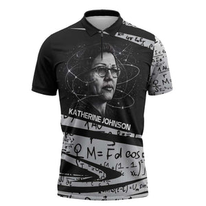 Katherine Johnson Zipper Polo Shirt with Orbital Space Portrait, Historic NASA Launch Dates and Physics - African Pride