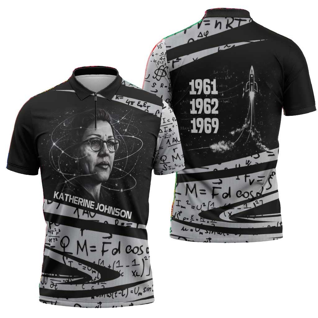 Katherine Johnson Zipper Polo Shirt with Orbital Space Portrait, Historic NASA Launch Dates and Physics - African Pride