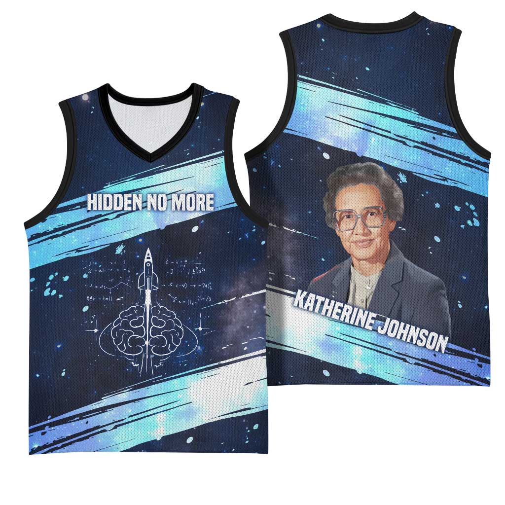 Katherine Johnson Basketball Jersey with Galaxy Background, Hidden No More Quote and Rocket Brain Equation - African Pride