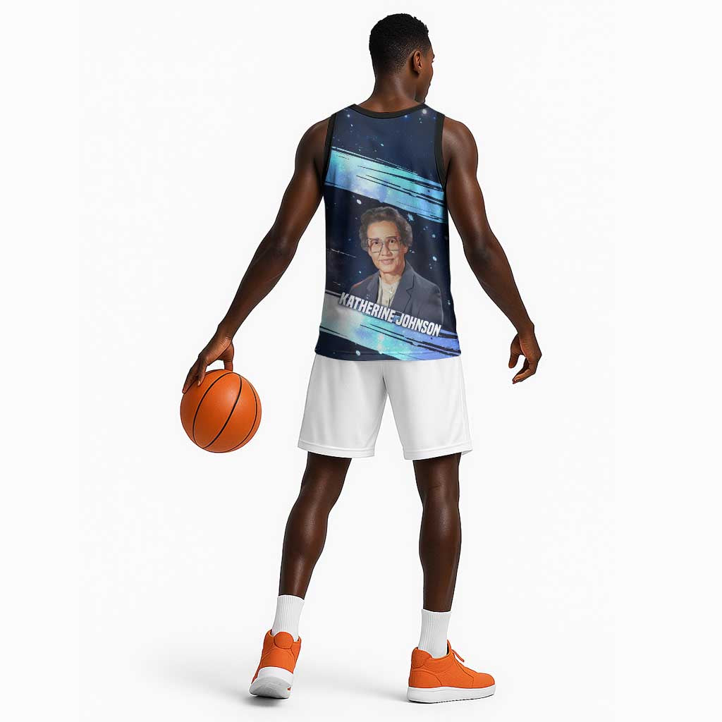 Katherine Johnson Basketball Jersey with Galaxy Background, Hidden No More Quote and Rocket Brain Equation - African Pride