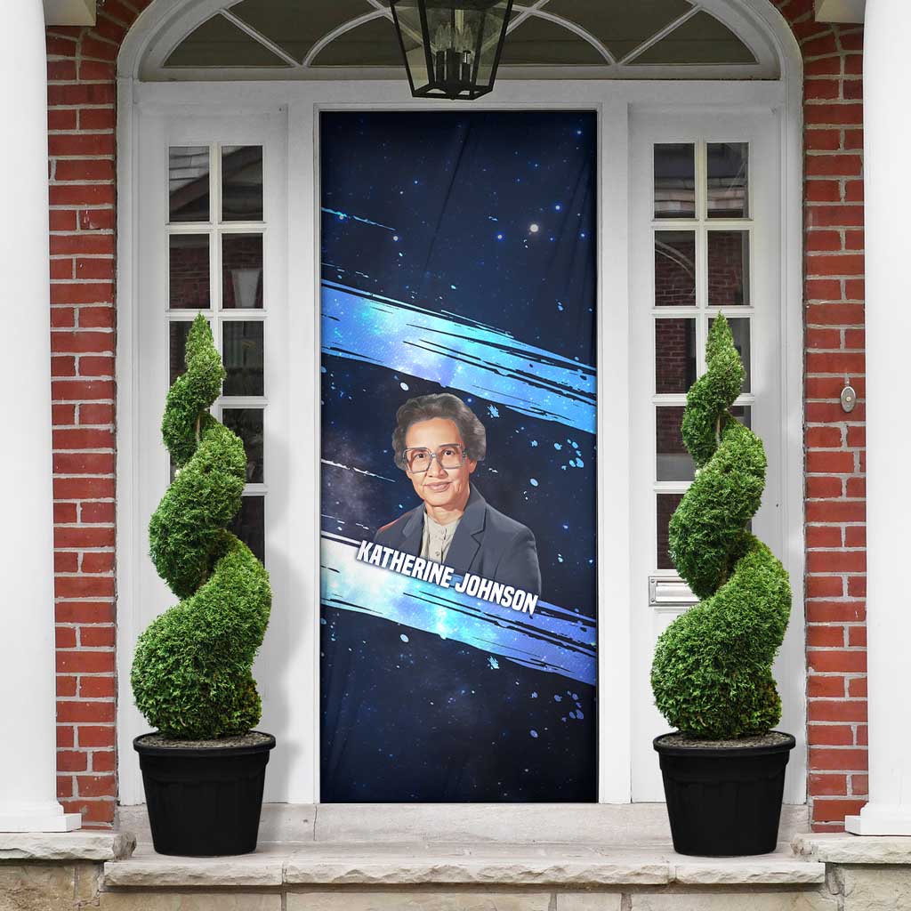 Katherine Johnson Door Cover with Galaxy Background, Hidden No More Quote and Rocket Brain Equation - African Pride