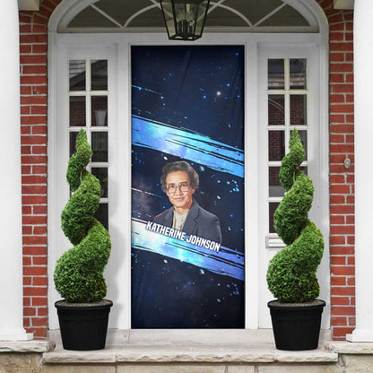 Katherine Johnson Door Cover with Galaxy Background, Hidden No More Quote and Rocket Brain Equation - African Pride
