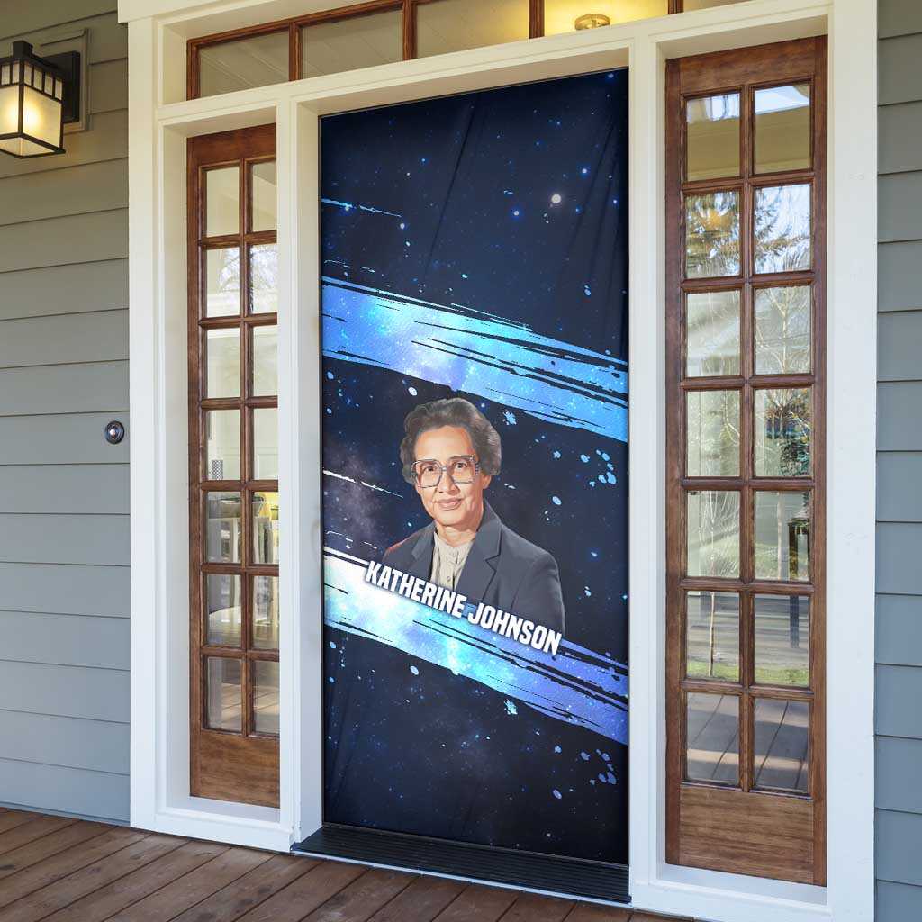 Katherine Johnson Door Cover with Galaxy Background, Hidden No More Quote and Rocket Brain Equation - African Pride