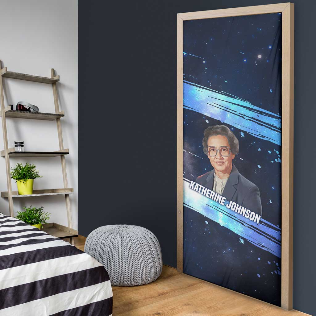 Katherine Johnson Door Cover with Galaxy Background, Hidden No More Quote and Rocket Brain Equation - African Pride