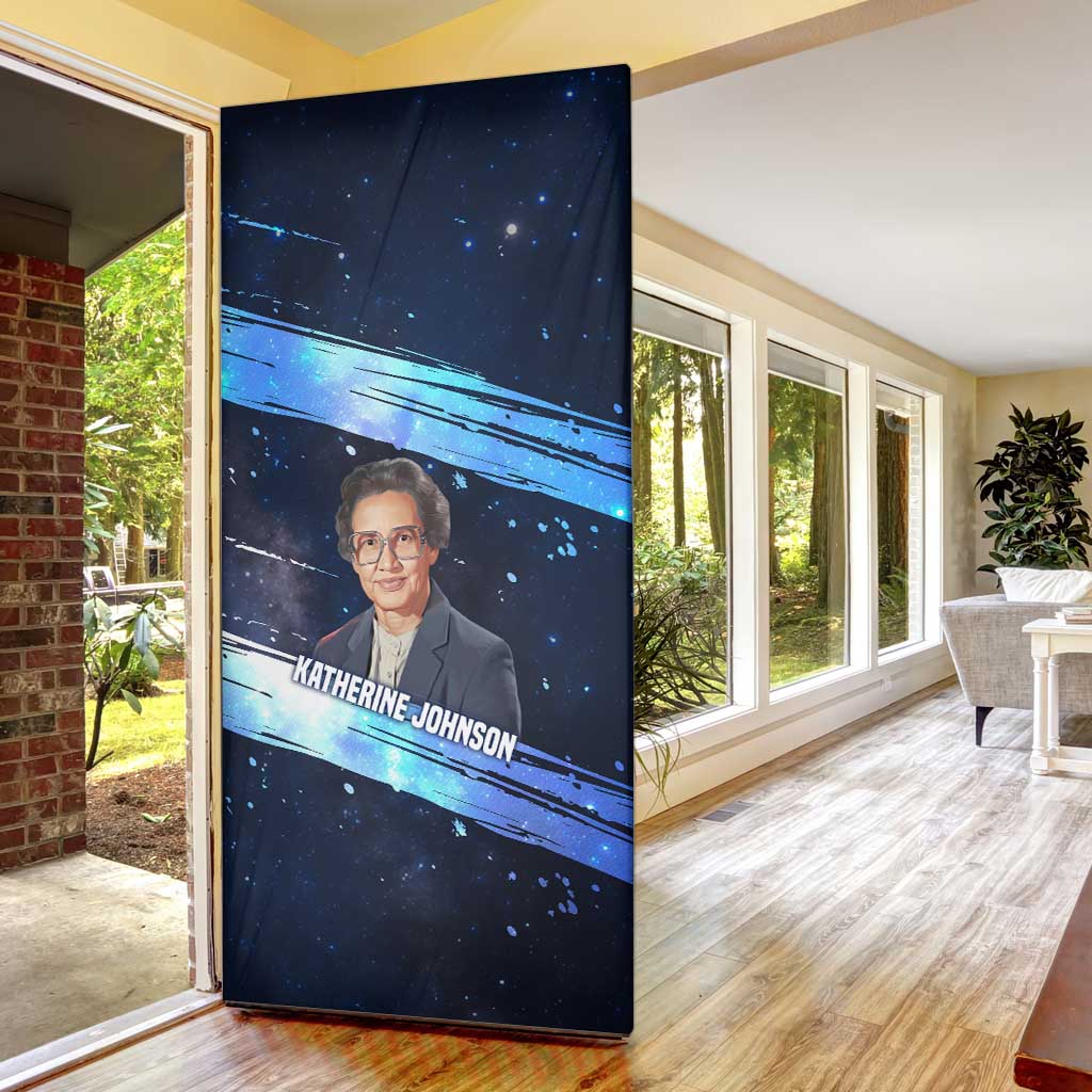 Katherine Johnson Door Cover with Galaxy Background, Hidden No More Quote and Rocket Brain Equation - African Pride