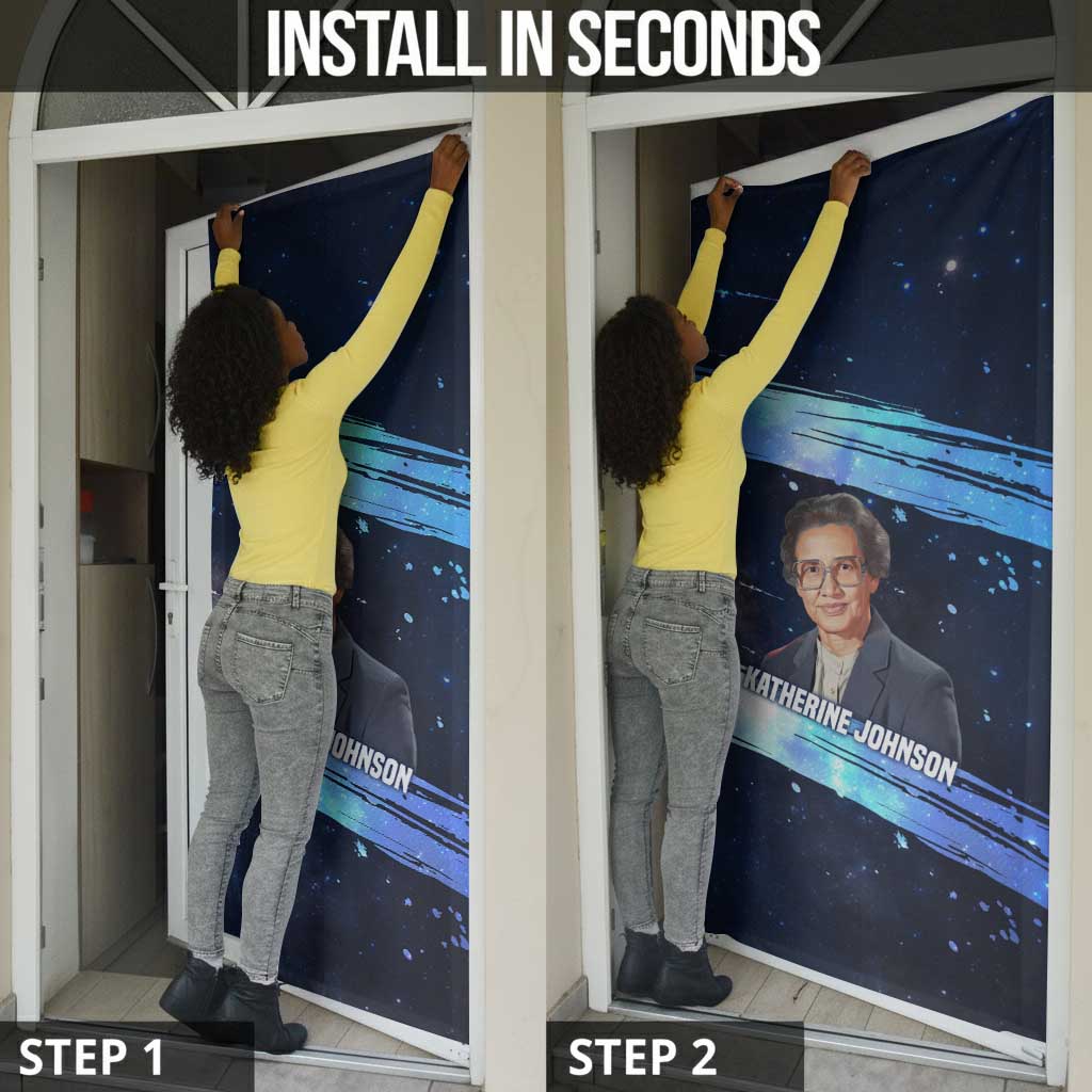 Katherine Johnson Door Cover with Galaxy Background, Hidden No More Quote and Rocket Brain Equation - African Pride