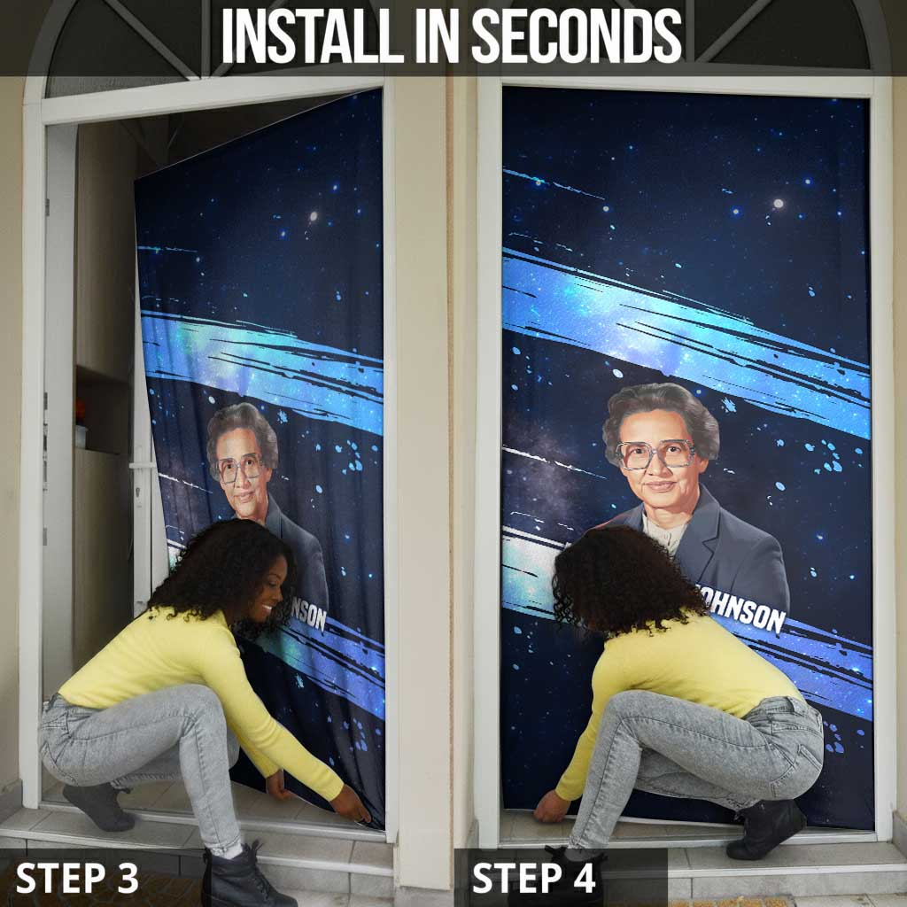 Katherine Johnson Door Cover with Galaxy Background, Hidden No More Quote and Rocket Brain Equation - African Pride