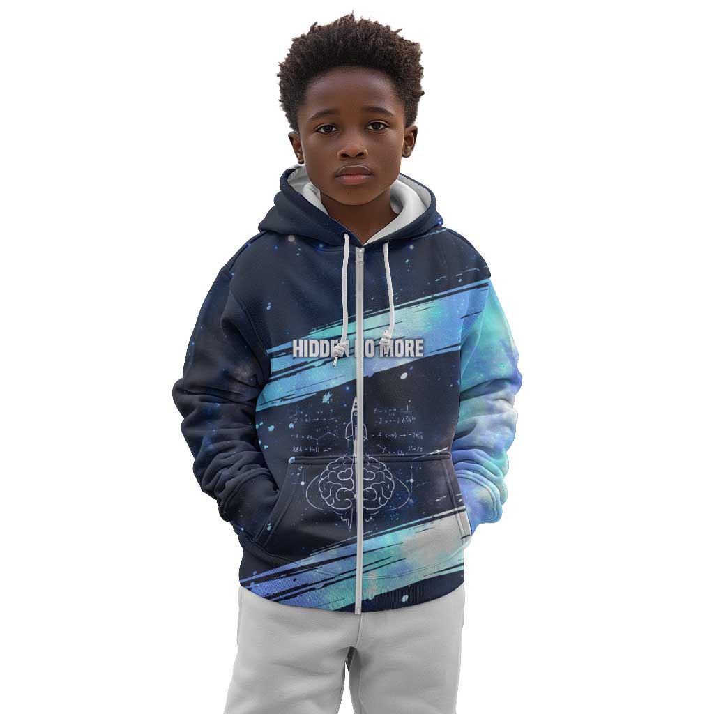 Katherine Johnson Kid Hoodie with Galaxy Background, Hidden No More Quote and Rocket Brain Equation - African Pride