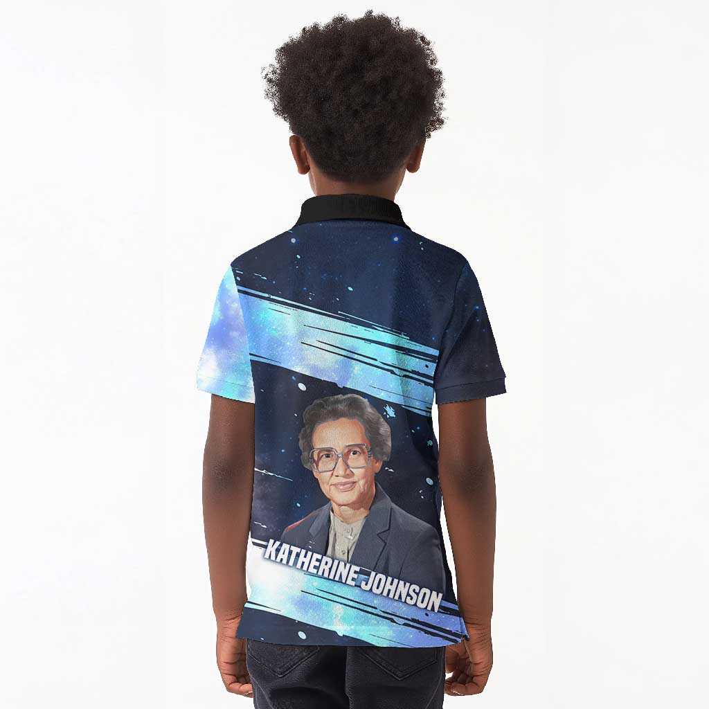 Katherine Johnson Kid Polo Shirt with Galaxy Background, Hidden No More Quote and Rocket Brain Equation - African Pride