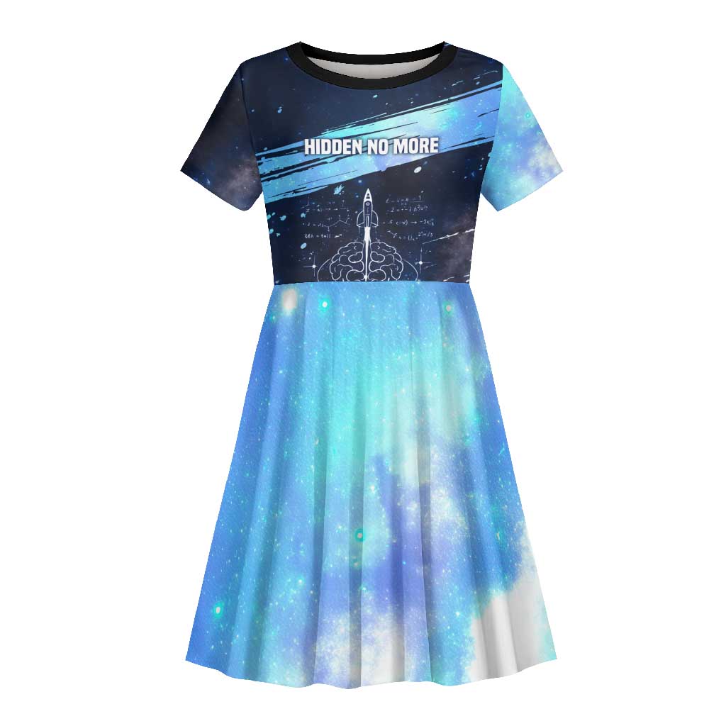Katherine Johnson Kid Short Sleeve Dress with Galaxy Background, Hidden No More Quote and Rocket Brain Equation - African Pride