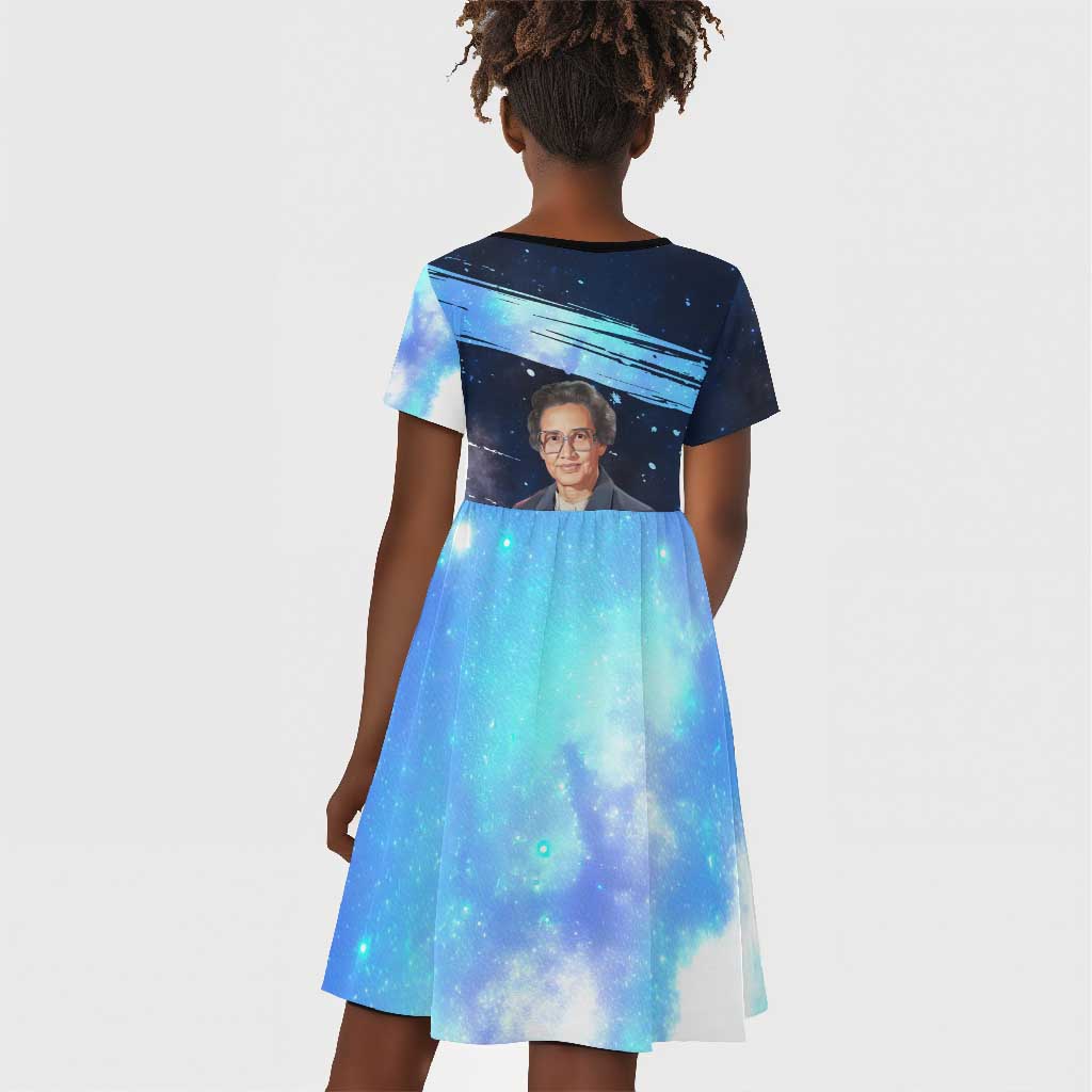 Katherine Johnson Kid Short Sleeve Dress with Galaxy Background, Hidden No More Quote and Rocket Brain Equation - African Pride