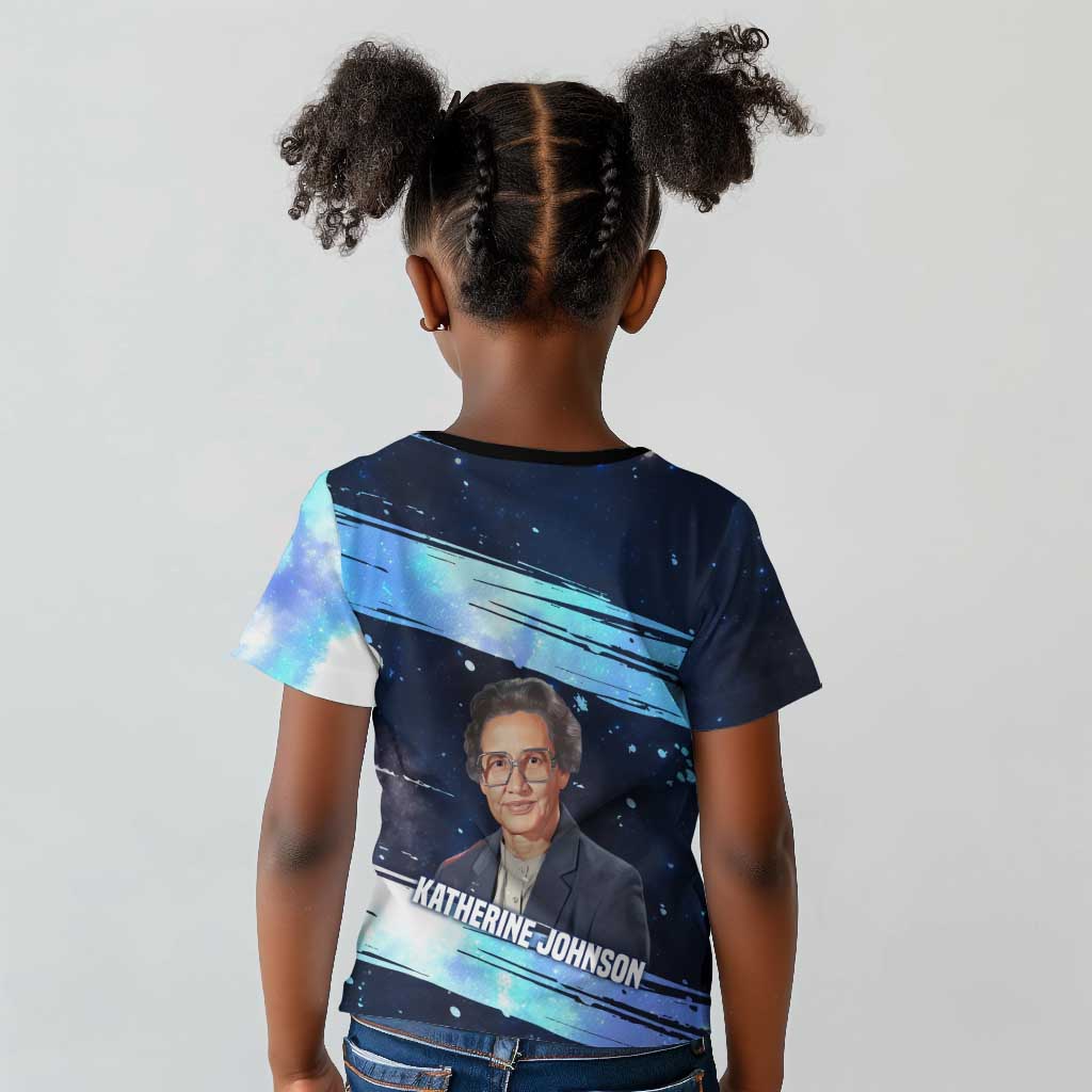 Katherine Johnson Kid T shirt with Galaxy Background, Hidden No More Quote and Rocket Brain Equation - African Pride