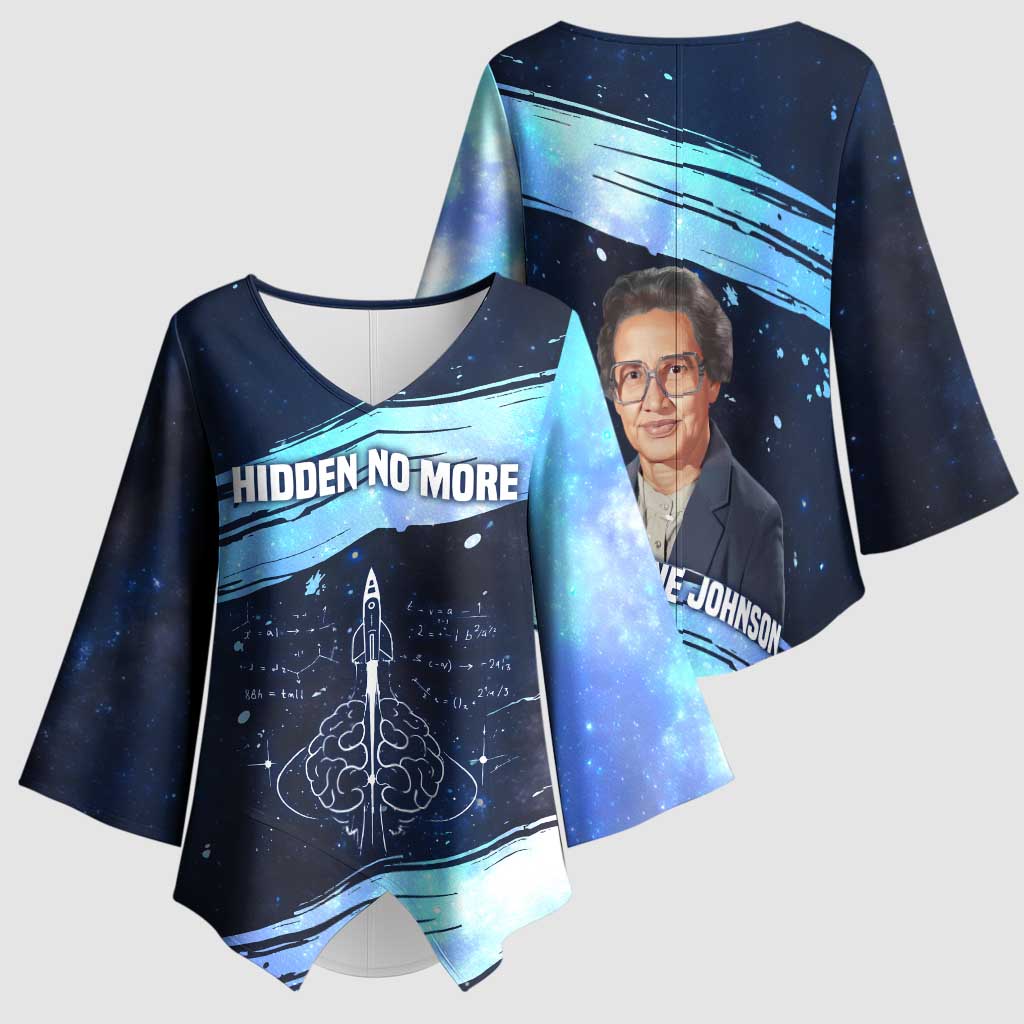Katherine Johnson Kimono Sleeve Blouse with Galaxy Background, Hidden No More Quote and Rocket Brain Equation - African Pride