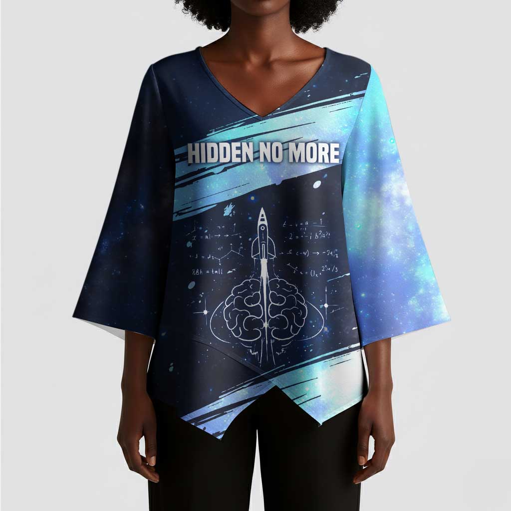 Katherine Johnson Kimono Sleeve Blouse with Galaxy Background, Hidden No More Quote and Rocket Brain Equation - African Pride