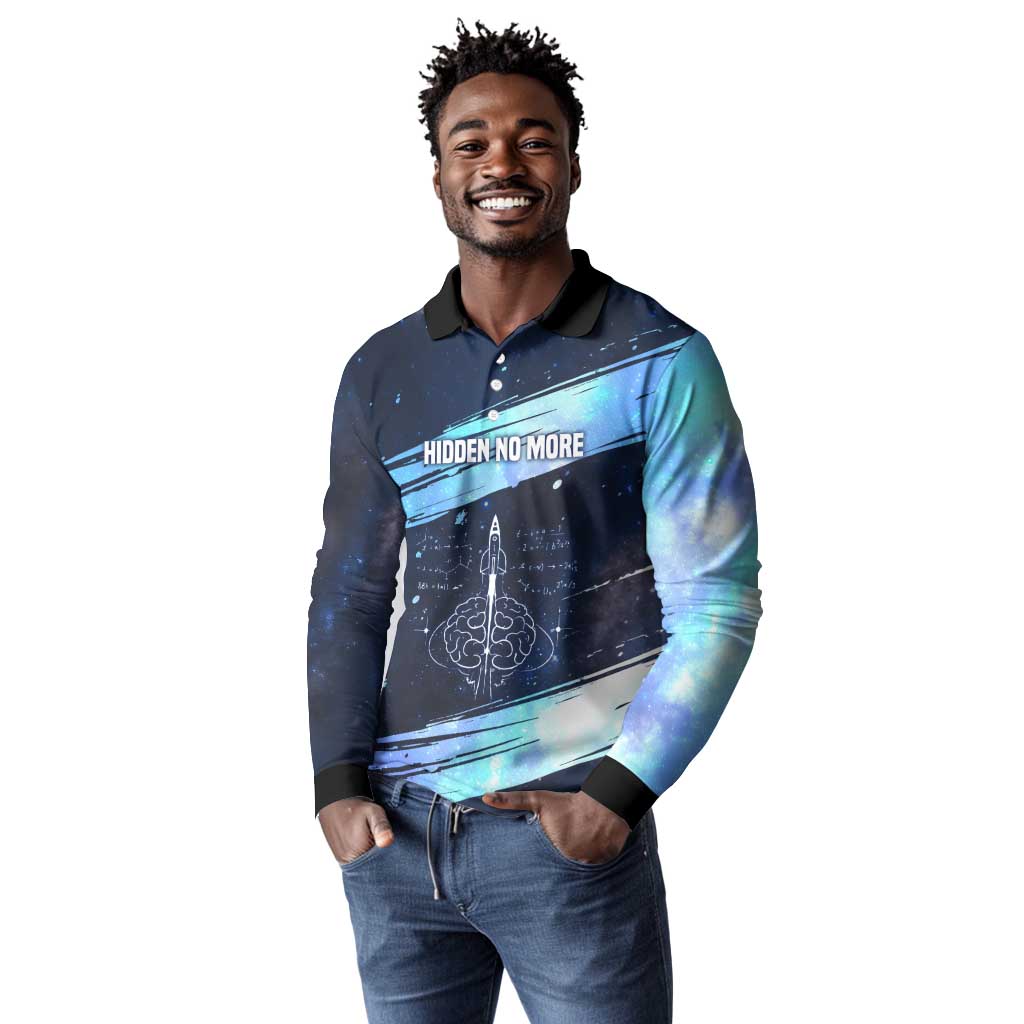 Katherine Johnson Long Sleeve Polo Shirt with Galaxy Background, Hidden No More Quote and Rocket Brain Equation - African Pride