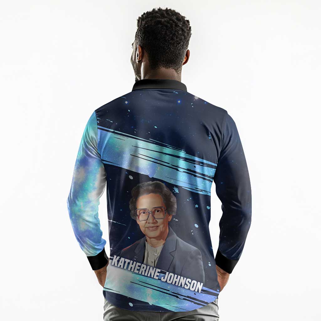Katherine Johnson Long Sleeve Polo Shirt with Galaxy Background, Hidden No More Quote and Rocket Brain Equation - African Pride