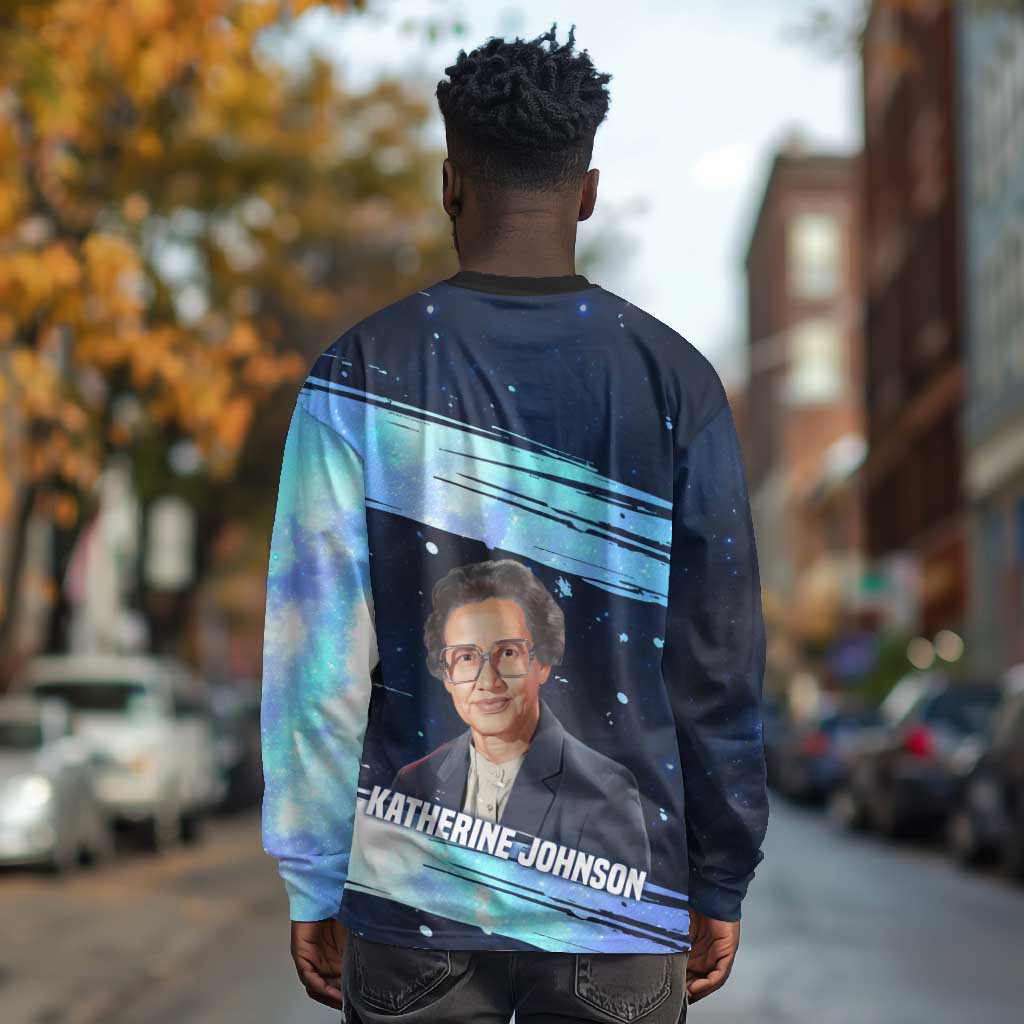 Katherine Johnson Long Sleeve Shirt with Galaxy Background, Hidden No More Quote and Rocket Brain Equation - African Pride