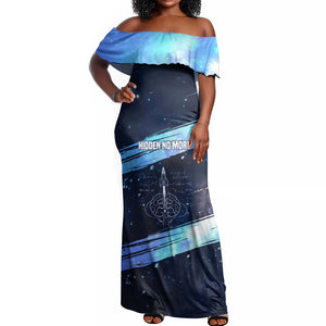 Katherine Johnson Off Shoulder Maxi Dress with Galaxy Background, Hidden No More Quote and Rocket Brain Equation - African Pride