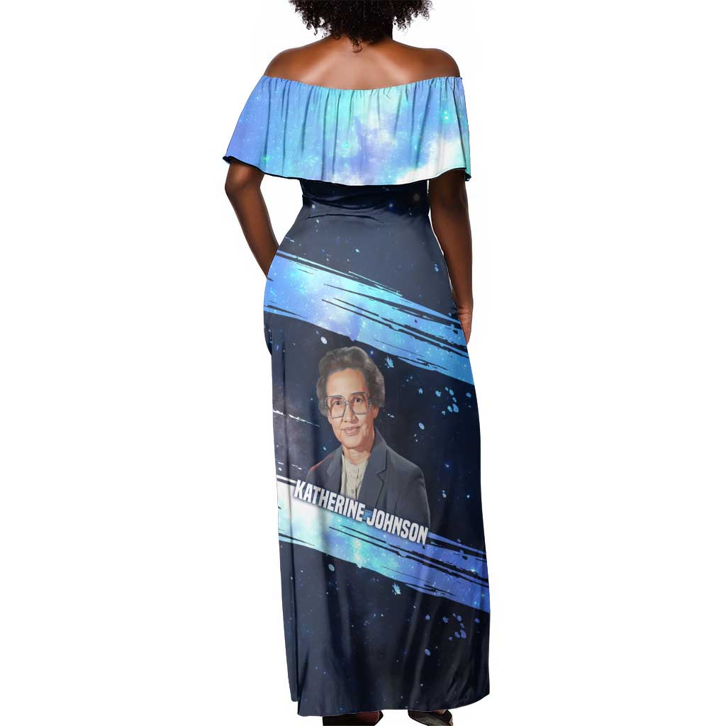Katherine Johnson Off Shoulder Maxi Dress with Galaxy Background, Hidden No More Quote and Rocket Brain Equation - African Pride